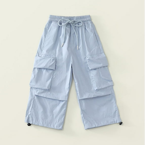 fnnxnal Girls' Cargo Pants for Girls Kids, Blue Loose Cotton with Pockets, Elastic Waisted Loose Fit Girls Solid Color Pants, Casual Summer Casual Pants Size 5-6T