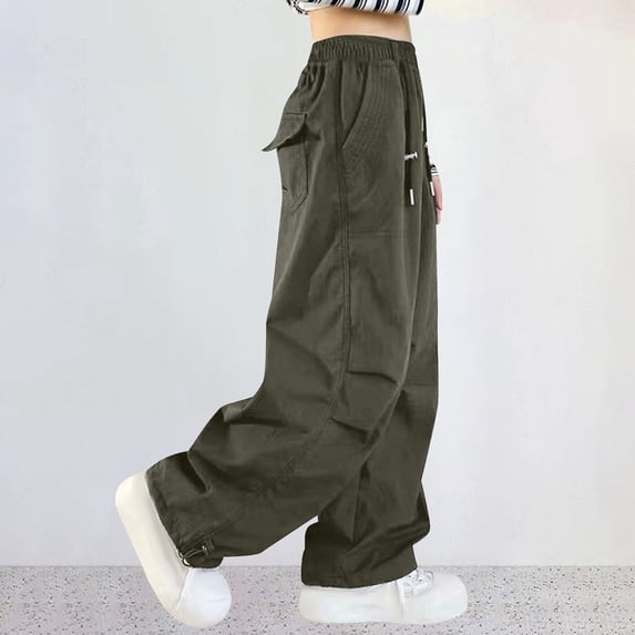 fnnxnal Girls' Cargo Pants for Girls Kids, Army Green Loose Cotton with Pockets, Elastic Waisted Loose Fit Solid Color Casual Summer Pants Size 15 T