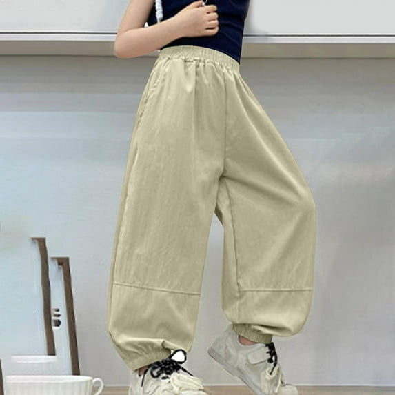 Trupants Girls' Cargo Pants for Girls Kids, Beige Elastic Waisted Loose Fit with Pockets, Solid Color Casual Summer Pants Size 7 T