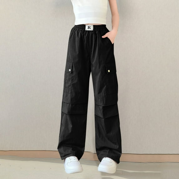 Trupants Girls' Cargo Pants for Girls Kids, Black Elastic Waisted Loose Fit, Girls Solid Color Casual Summer Pants Size 13 T