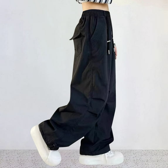 fnnxnal Girls' Cargo Pants for Girls Kids, Black Loose Cotton with Pockets, Elastic Waisted Loose Fit Solid Color Casual Summer Pants Size 9 T
