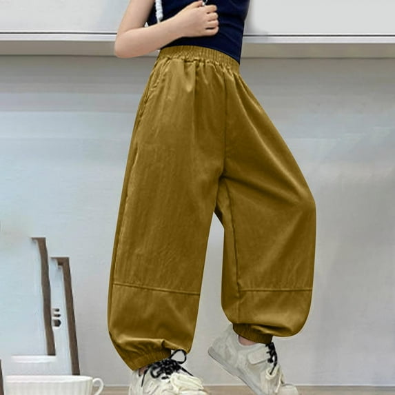 Trupants Girls' Cargo Pants for Girls Kids, Khaki Elastic Waisted Loose Fit with Pockets, Solid Color Casual Summer Pants Size 9 T