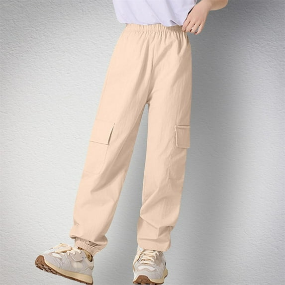 fnnxnal Girls' Cargo Pants for Girls Kids, Khaki with Pockets, Elastic Waisted Loose Fit Solid Color Casual Summer Pants Size 14 T