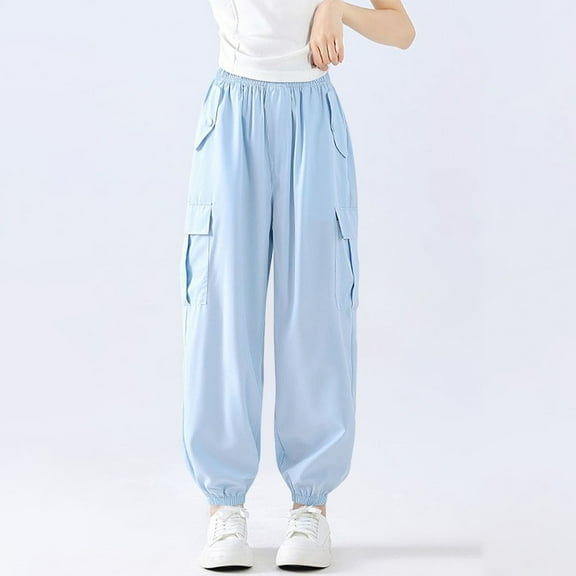 fnnxnal Girls' Cargo Pants for Girls Kids, Light Blue Elastic Waisted Loose Fit, Girls Solid Color Pants, Casual Summer Casual Pants Size 15 T