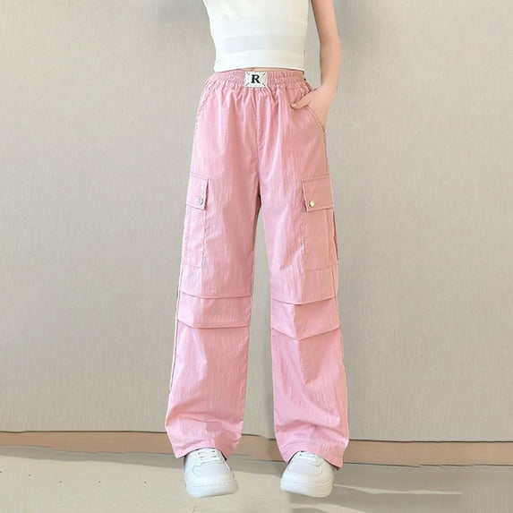 fnnxnal Girls' Cargo Pants for Girls Kids, Pink Elastic Waisted Loose Fit, Girls Solid Color Casual Summer Pants Size 9 T