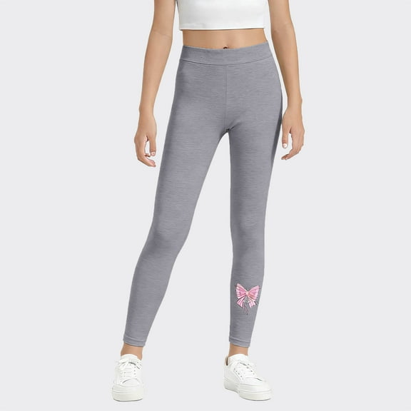 fnnxnal Girls' Gray Fleece Lined Leggings - Stretchy High Waisted Kids Leggings with Pink Butterfly Graphic, Warm Winter Wear for Girls 8-16, 1PC,Size 11-12T