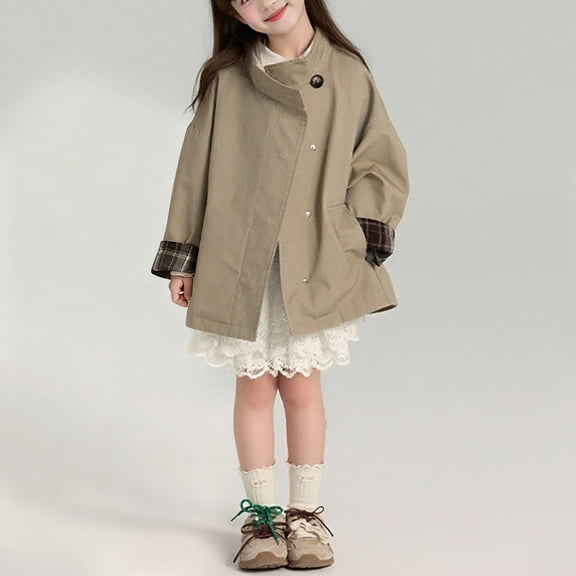 fnnxnal Girls' Khaki Trench Coat for 6-12 Years, Oversized Casual Nylon Spandex Outerwear with Plaid Cuffs, Spring Autumn School/Weekend Outfit,Size 4 T