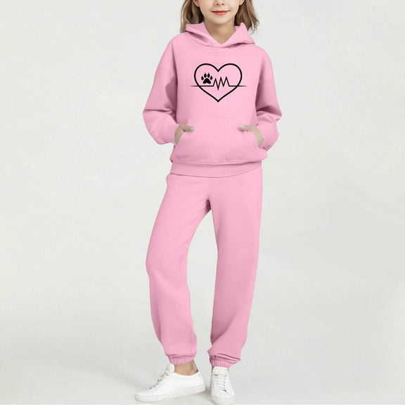 fnnxnal Girls Kids Pink Tracksuit Set - 2-Piece Athletic Casual Hoodie & Sweatpants, 100% Polyester Soft Cute Paw Print Heart Outfit for 2-13 Years,Size 9 T