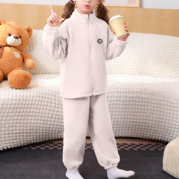 FAIOROI Girls Loungewear Set 2-Piece, Ultra Soft Warm Beige Full-Zip Jacket & Sweatpants for 3-13 Years Girls,Size 5 T