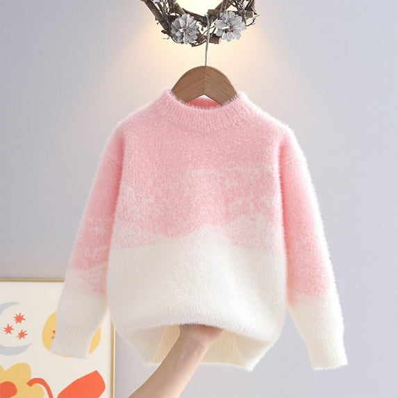 fnnxnal Girls Pullover Sweaters Cable Knit Cotton Winter Sweaters Long Sleeve Warm Sweater for Kids Size 9-10T Pink Crew