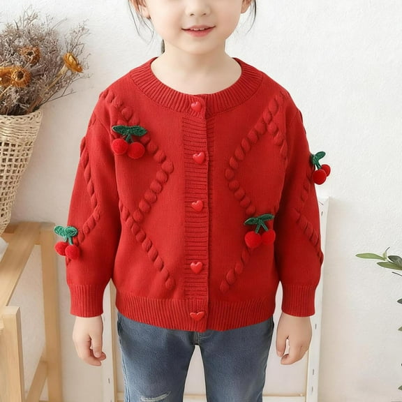 fnnxnal Girls Red Knitted Cardigan 2-7 Years - Soft Knitting Cotton Cardigan with 3D Cherry Embellishments & Heart Buttons - Cute Crew Neck Layering Top,Size 2 T