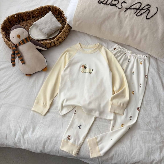 Trupants Girls Soft 100% Cotton 2-Piece Outfit Set - Cartoon Dog Animal Print Raglan Sleeve Elastic Waist Yellow Breathable for Girls 1-15 Years,Size 1 T