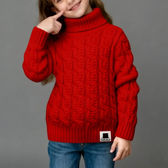 Trupants Girls' Soft Knitting Cotton Cable Knit Sweater - Warm Turtleneck, Ribbed Cuffs, Red, Sizes 3-8 Years, 1PC Top for Cool Days & Holiday Wear,Size 4T