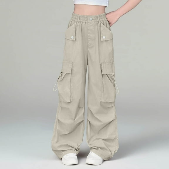 fnnxnal Girls Straight Leg Cargo Pants Khaki with Pockets - Loose Fit Long Pants Elastic Waist for Girls Kids Size 5 T
