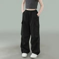 thumbnail image 1 of fnnxnal Girls Straight Leg Cargo Pants with Pockets, Black Loose Fit Long Pants, Elastic Waist, Size 7 T for Kids, 1 of 5