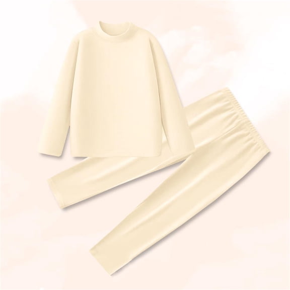 Trupants Girls Thermal Underwear Set - Beige Mock Turtleneck Flock Kids Long Johns, 1 Top   1 Pants, Soft Skin-Friendly Cold Weather Base Layer for 0-12 Years,Size 11 T