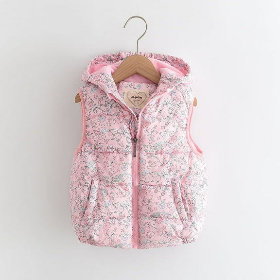 fnnxnal Girls' Toddler 3T Pink Floral Hooded Puffer Vest - Fleece-Lined, Quilted Warm Outerwear for Fall/Winter, Nylon-Spandex with Pockets