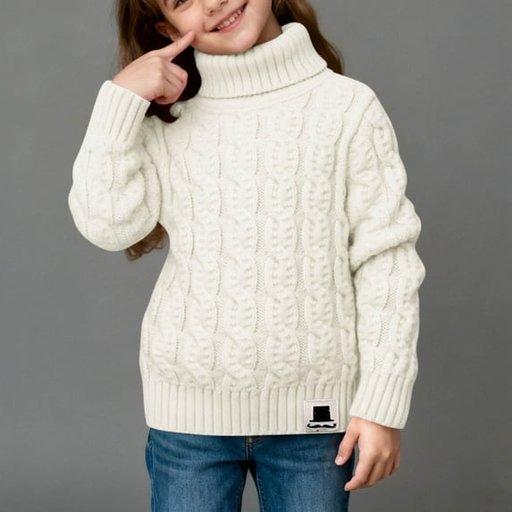 Trupants Girls' Warm Turtleneck Cable Knit Sweater - Soft Knitting Cotton, Ribbed Hem/Cuffs, White, Sizes 3-8 Years, 1PC Top for Cool Seasons & Daily Wear,Size 8 T