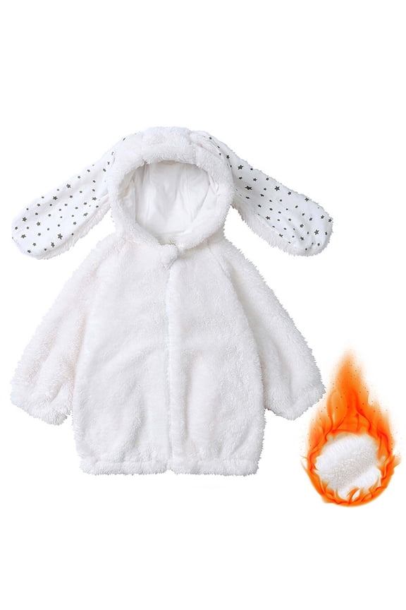 Girls Warm Winter Jacket 2-8 Years, White Plush Hooded Coat with Bunny Ears & Star Pattern, 100% Polyester Fuzzy Outerwear for Cold Weather/School/Park,Size 3 T