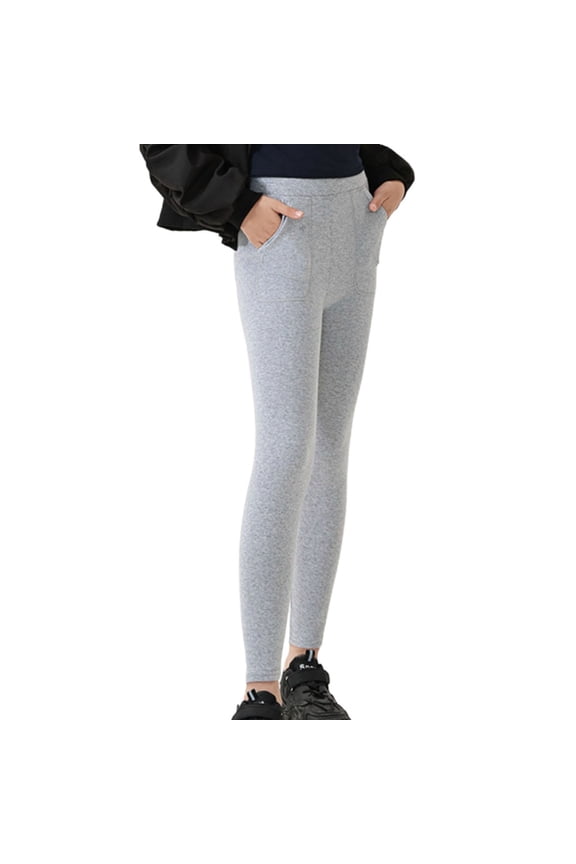 Gray Cotton Leggings for Juniors - Soft Breathable with Pockets, Elastic Waist Slim Fit for Daily Wear/Yoga, Size 12-13T, 1PC