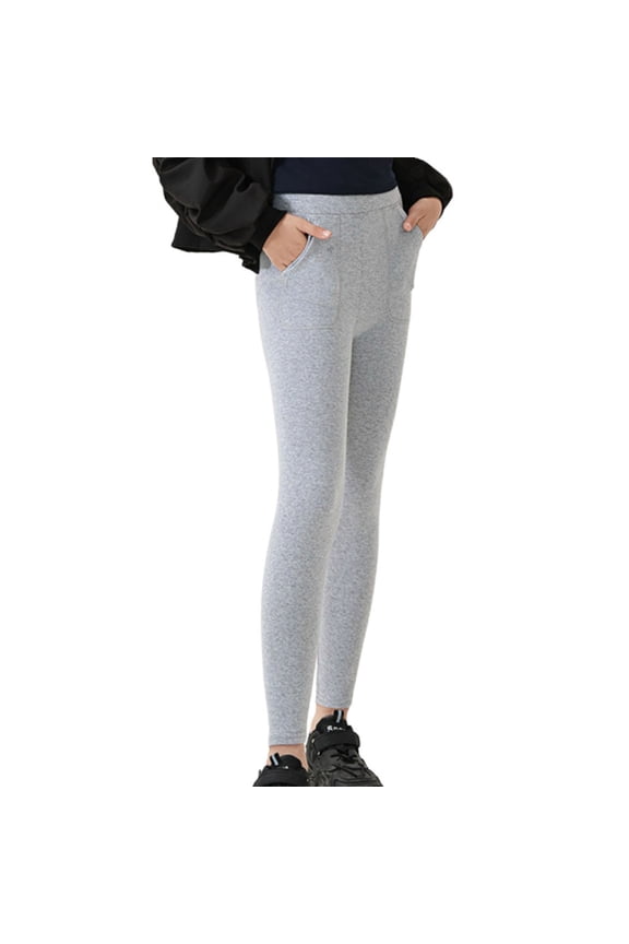 Trupants Gray Cotton Leggings for Juniors - Soft Breathable with Pockets, Elastic Waist Slim Fit for Daily Wear/Yoga, Size 12-13T, 1PC