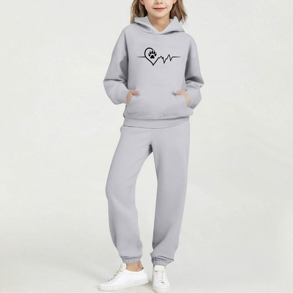 fnnxnal Gray Girls' Tracksuit Set - 100% Polyester Soft Hoodie & Joggers, Heart Paw Print Design, Comfortable Kids Activewear for Ages 2-13,Size 13 T