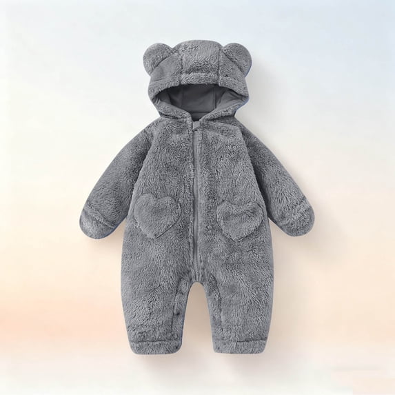 Trupants Gray Teddy Bear Hooded Onesie for Girls - Ultra-Soft 100% Polyester Warm Kids Jumpsuit with Front Zipper, Cuffed Hands/Feet, 0-9 Months, 1PC,Size 3 Months