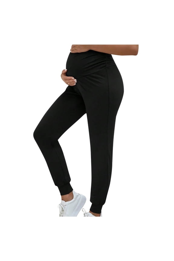 High-Waisted Women's Maternity Cotton Joggers - Stretchy, Black, Size XL - Comfortable for All Trimesters & Daily Errands