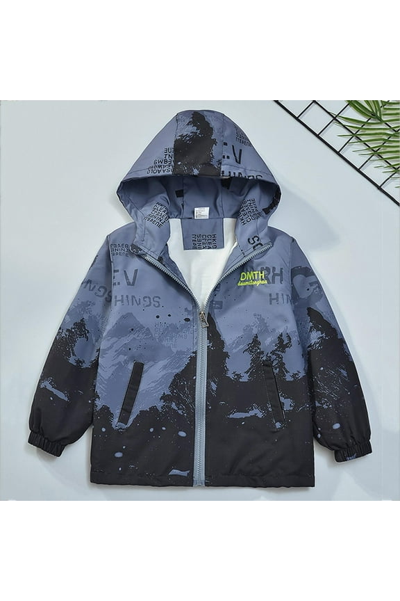 Hooded Toddler Blue Cotton Windbreaker - 4T Boys' Mountain Print Jacket, Lightweight Outerwear for Play & Outdoor Activities