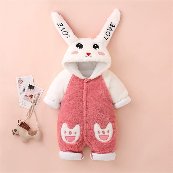 fnnxnal Hot Pink Bunny Kids Jumpsuit for Girls - Hooded Warm Nylon Spandex Onesie with Full-Zip, Cute Pockets & Elastic Cuffs, Sizes 3 Months to 1 Year,Size 3 Months
