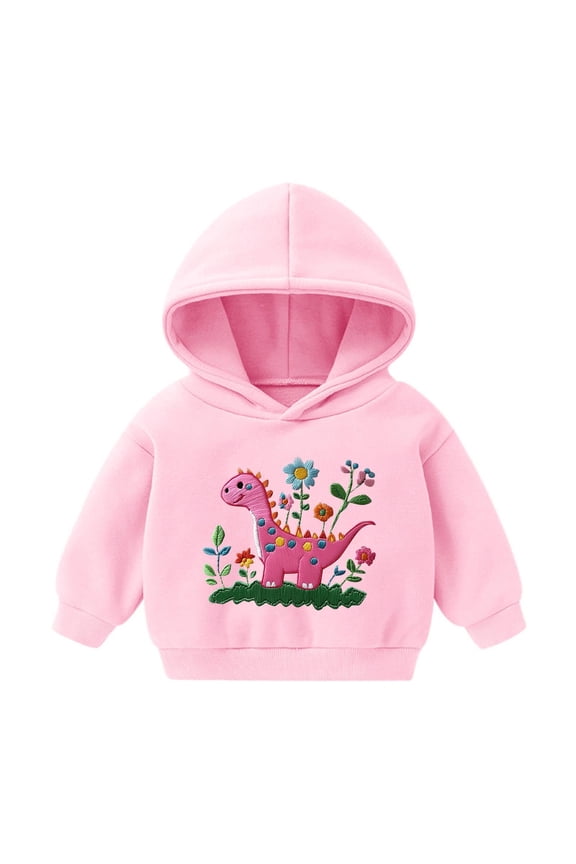 Infant 2T Hoodie - Pink with Cute Dinosaur & Floral Print | 100% Polyester Lightweight Quick-Drying | Durable Easy-Care for Infants/Kids 2-8