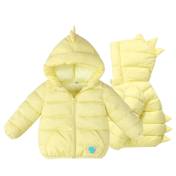 FAIOROI Infant 2T Yellow Dinosaur Hooded Winter Jacket - Quilted, Full Zip, Waterproof, Machine Washable with Pockets
