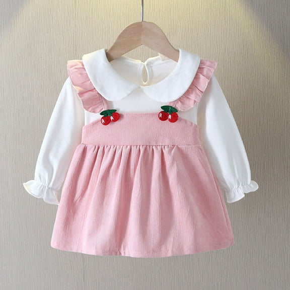 fnnxnal Infant Baby Girl Cotton Dress 1-2T, Pink - Peter Pan Collar & Cherry Embroidery, Ruffled Shoulders, Spring/Fall, Machine Washable, Cute for Daily/Daycare