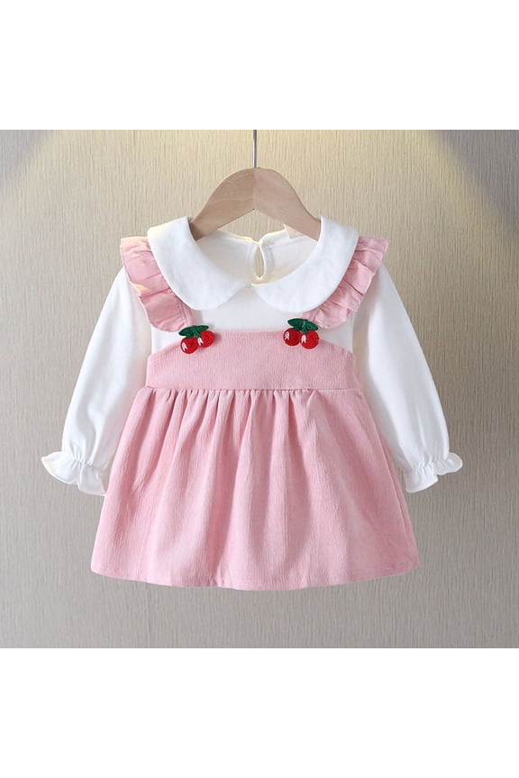 Infant Baby Girl Cotton Dress 1-2T, Pink - Peter Pan Collar & Cherry Embroidery, Ruffled Shoulders, Spring/Fall, Machine Washable, Cute for Daily/Daycare