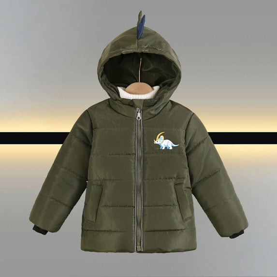 FAIOROI Infant Dinosaur Padded Jacket 2T Green - Hooded Winter Coat with Horns, Warm Zip-Up Outerwear for Toddlers
