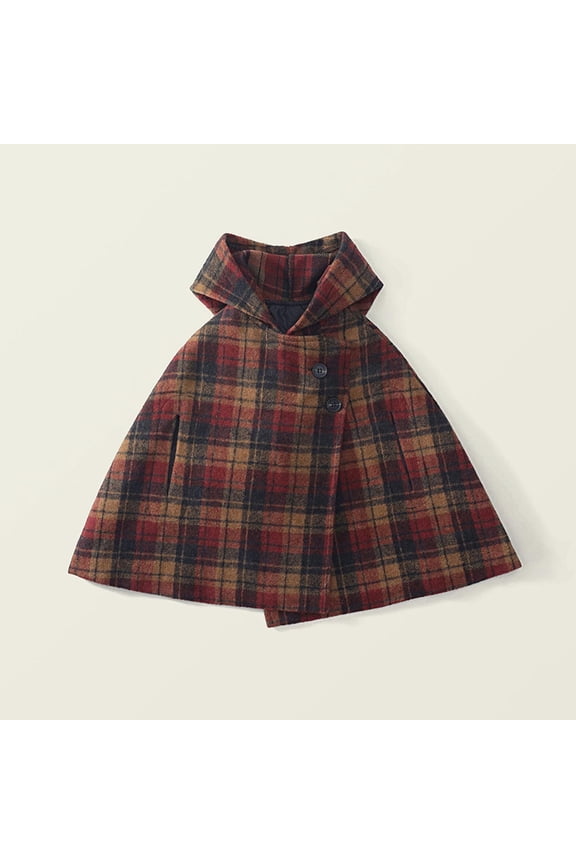 Infant Hooded Plaid Cape Size 1T - Red Wool Blend, Fall Winter Warm Easy On/Off Button Outerwear