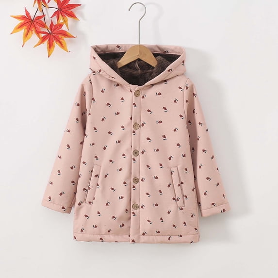 Trupants Infant Infant Girls Warm Hooded Coat, Multicolor Floral Pattern, Plush Lined Nylon-Spandex, Button Closure with Pockets, Size 90-140 for 1-8Y, Autumn Winter Outerwear,Size 2 T