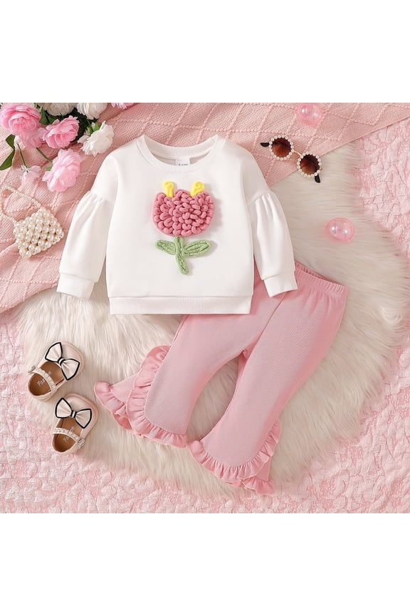 Infant Pink Cotton Clothing Set - 1-2T Outfit with 3D Flower Sweatshirt & Ruffled Pants, Cute for Daily Wear/Playdates