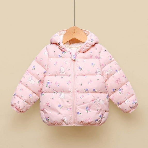 fnnxnal Infant Pink 2T Puffer Jacket - Cute Bunny Floral Print, Hooded, Warm, Lightweight, Machine Washable, Quilted Winter Coat