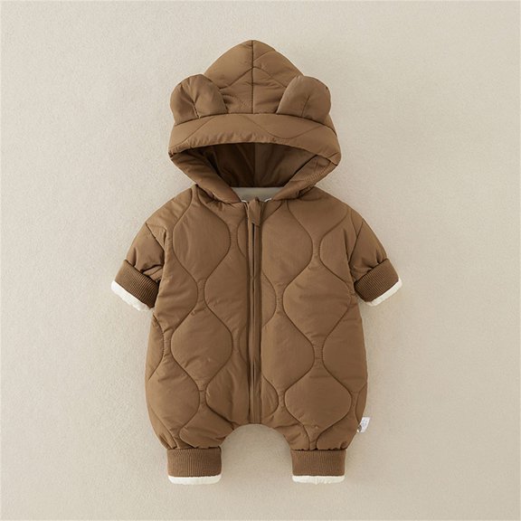 fnnxnal Insulated Khaki Winter Onesie for Kids Boys - Bear Ear Hooded Full Zip, Nylon Spandex Soft Lined Quilted Warm Outfit 0-12 Months,Size 0 Months