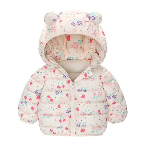 fnnxnal Juniors 1 Year White Puffer Jacket - Warm, Stretchy, Bear Ear Hood, Front Zipper, Gender-Neutral for Fall Winter Outings & Daycare