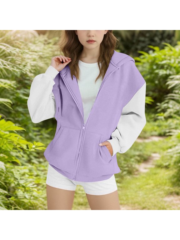Juniors 10-11T Purple Hooded Jacket - Stretchy 95%Polyester 5%Spandex Full-Zip with Pockets, Machine Washable Casual Everyday Wear