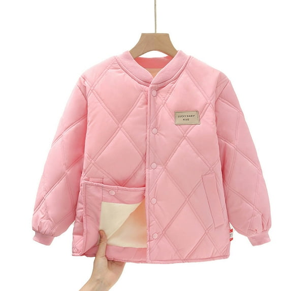 fnnxnal Juniors 12-13T Warm Winter Jacket - 100% Cotton, Pink, Diamond Quilted, Baseball Collar with Side Pockets for School/Outdoor Play