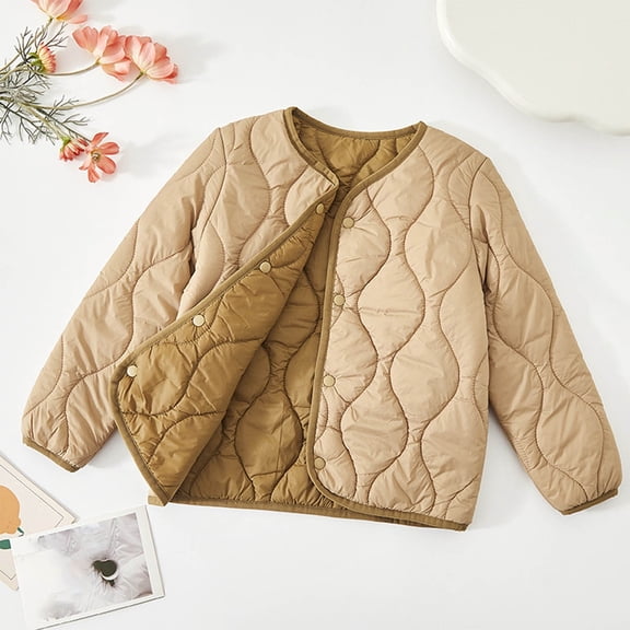 FAIOROI Juniors 8-9T Khaki Quilted Cotton Jacket - Lightweight Warm Transitional Spring Fall, Machine Washable School Everyday Outerwear