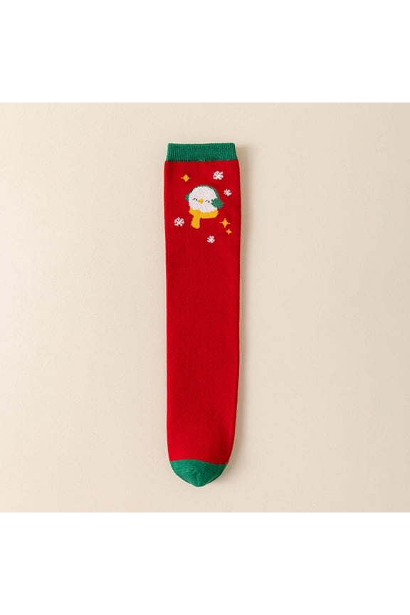 Juniors' Christmas Socks - Soft Cotton Red Socks with Green Cuff/Toe, Cartoon Bird Snowflake Design, Free Size Fits Most, Festive for Holiday & Daily Wear