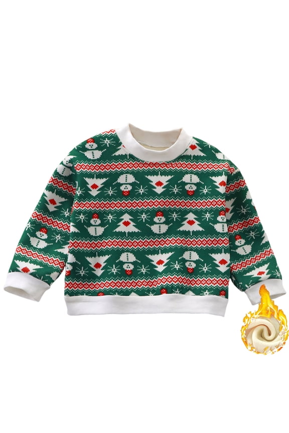 Juniors Christmas Sweater 6-7T Green - Fleece-Lined Cotton, Festive Fair Isle/Snowman Print for Holiday Gatherings & Family Photos