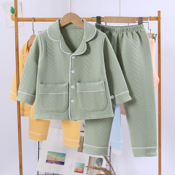 Trupants Juniors Cotton Quilted Pajama Set 6-7T Green - Breathable, Hypoallergenic Sleepwear with Easy-Wear Button Top & Elastic Waist Pants