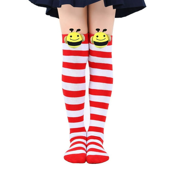 Trupants Juniors Kids' Cotton Striped Thigh High Socks - Hot Pink with 3D Bee, Size 7-12T (8-10Yrs) for Halloween/Party/Role Play