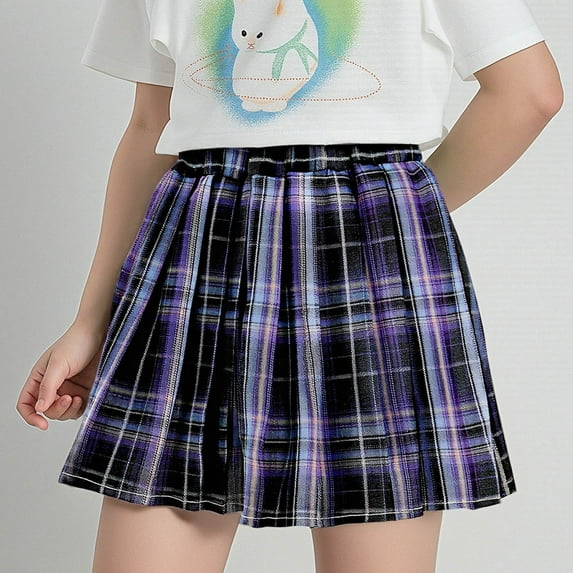 fnnxnal Juniors' Plaid Pleated Skirt with Bow Tie - 100% Cotton, Elastic Waist, Purple, 14T