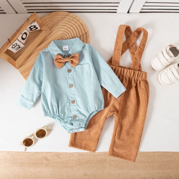 fnnxnal Kids Boy Gentleman Outfit Set - 2-Piece Cotton Spandex Onesie with Detachable Bow Tie & Corduroy Suspender Pants, Blue, 0-12 Months for Formal/Photo Shoot/Baptism,Size 0Months